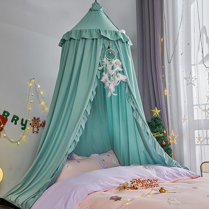 VETHIN Bed Canopy for Girls Kids,Princess Round Dome Children Dreamy Mosquito Net Bedding Girls Room Castle Play Tent Hanging House Decor Reading Nook Canopies (Green)
