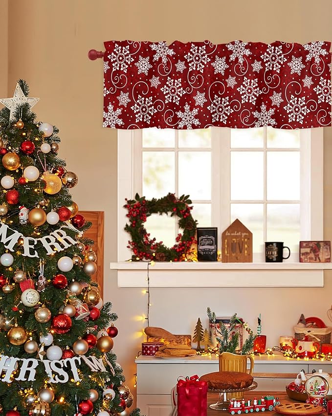 Christmas Valance Curtains for Kitchen Windows Red White Snowflakes Pattern Rod Pocket Window Treatment Toppers for Kitchen/Living Room/Bedroom/Bathroom, 42" X 12", Winter