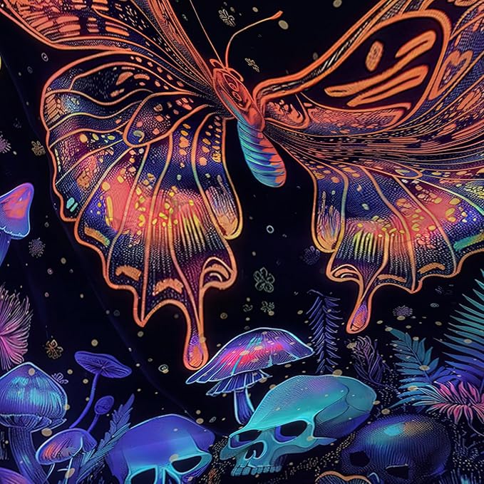 AILONEN Colorful Butterfly Shower Curtain,Magic Mushroom Waterproof Fabric Bath Curtain for Kids Girls,Boho Sun and Moon Skull Shower Curtain Set for Bathroom 48" W*72" H