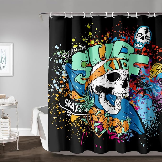 AILONEN Surf Skull Shower Curtain for Bathroom,Colorful Graffiti Flower Art Bathroom Curtain for Kids Boys Girls,Bath Curtain 72" W*84" H Polyester Waterproof Bathroom Curtain with 12 Hooks