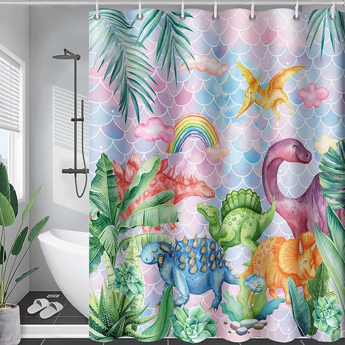 AILONEN Girls Dinosaur Shower Curtain 72" W*84" H for Bathroom,Cute Dinosaur Bathroom Shower for Kids Girls,Cartoon Dinosaur Rainbow Bath Curtain Polyester Waterproof Shower Curtain with 12 Hooks