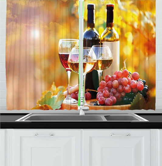 Ambesonne Wine Kitchen Curtains, Tasty Wine on Wooden Cask on Grape Plantation Countryside Harvest Rural Growth, Window Drapes 2 Panel Set for Kitchen Cafe Decor, 55" x 36", Orange Red