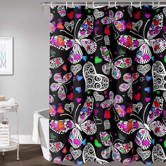 AILONEN Colorful Butterfly Shower Curtain for Bathroom Decor,Beautiful Butterfly Bath Curtain for Kids Women Girls,Pint Polyester Waterproof with 12 Plastic Hooks 72" W*96" H
