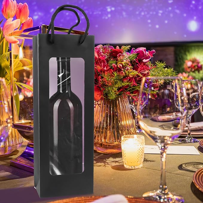 Cyblinia 20 Pack Wine Gift Bags Paper Wine Bags 14.2 x 4.9 x 3.4 Inch Wine Bottle Bags with Clear Window for Weddings, Valentine's Day, Birthday, Party