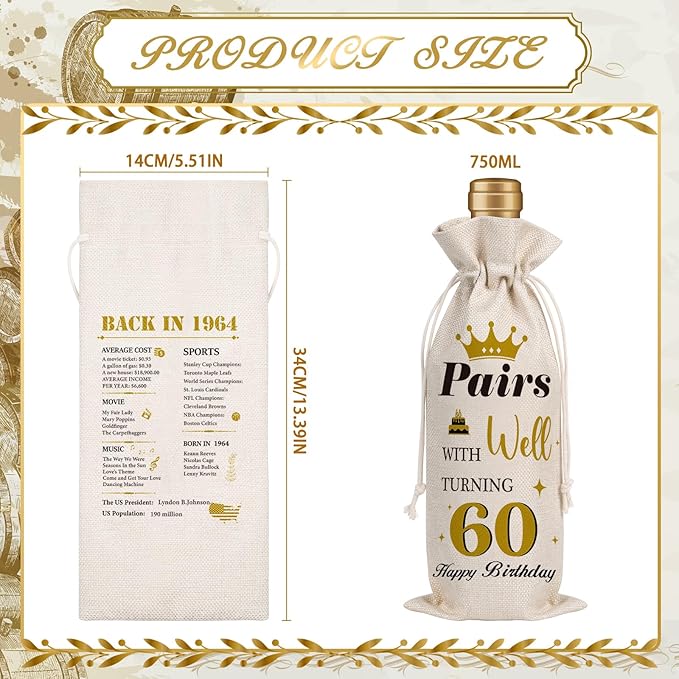Wxiben 60th Birthday Wine Bags - 1pcs 1964 Wine Gifts for Women Men Burlap Back in 1964 Wine Gift Bag Over the Hill 60th Birthday Party Decorations for Her Him Friend Sisters Mom Wine Bottle Bag