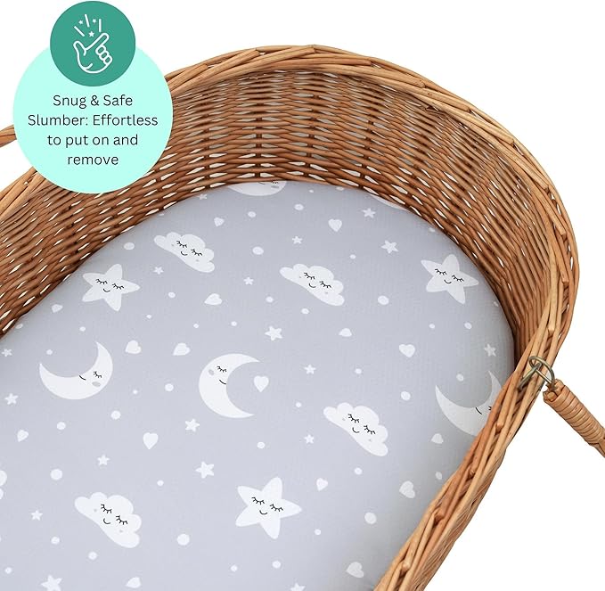 Bassinet Sheets for Dream On Me Karley, Plus, Lacy, Small Regalo Basics, Baby Delight Slumber, Snuggle Nest, Graco Carry Cot, 3 Pack, 16 x 32, Ultra Soft, Unisex Boys Girls, Gray (Moon, Stars, Clouds)