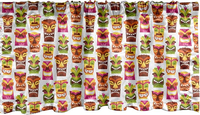 Ambesonne Tiki Bar Window Valance Pack of 2, Sixties Retro Inspired Hawaiian Party Happy Tiki Pattern Colorful, Rod Pocket Curtain Valances for Kitchen Bedroom, 54" X 12", White Brown