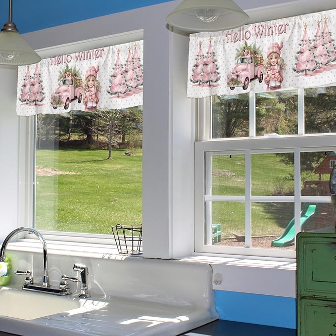 Hello Winter Pink Window Valance for Bedroom Living Room, Pink Christmas Window Curtain for Kitchen Bathroom, Pink Window Valance Rod Pocket Window Treatment, Xmas Home Decors, 54" W x 18" L