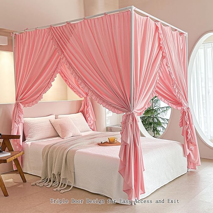 AIKASY Princess Canopy Bed Curtains with Top Ties - Windproof & Lightproof for Girls' Adult Bedroom Decor | Bed Canopy Drapes (Queen,Pink)
