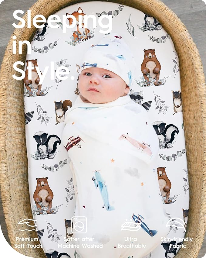 Bassinet Sheets for Baby Boy Girl, TotBasic Buttery Soft Universal Bassinet Fitted Sheet, Compatible with Halo, Mika Micky, Baby Delight, Dream On Me, Maxi COSI and More Bassinet Mattress(Bear&Deer)