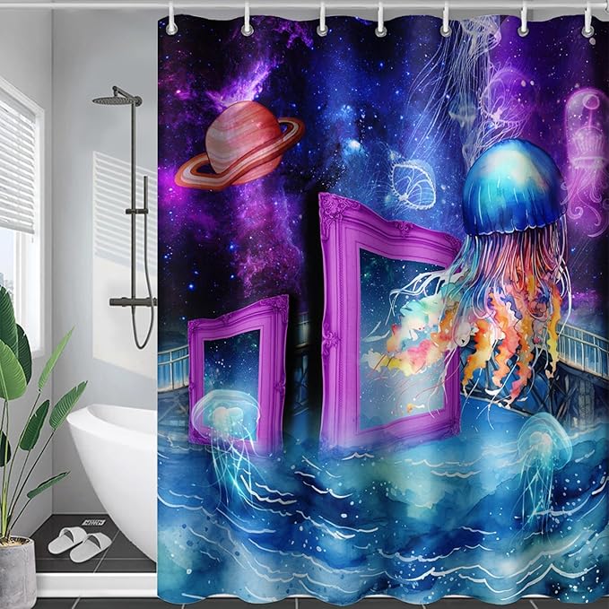 AILONEN Colorful Jellyfish Shower Curtains,Purple Galaxy Bath Curtains,Planet Jellyfish Curtains for Kids Boys Girls,Polyester Waterproof for Bathroom with 12 Hooks,48" W*72" H Purple