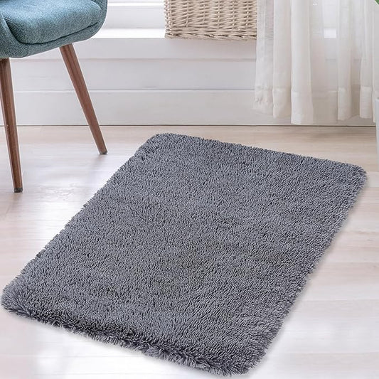 Indoor Door Mat,Soft Fluffy Bedroom Area Rug Plush Fuzzy Living Room Carpet Solid Faux Fur Nursery Room Floorcover Non Slip Non-Shed Small Throw Rugs for Dining Room Kitchen,Grey,2'7" x 4'11"