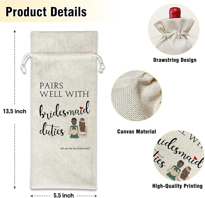 Wine Canvas Bag, Bridesmaid Proposal Wine Gift Bag, Bridesmaids Gifts for Sister Wine Bags for Wine Bottles, Wine Gifts With Drawstring Engagement Bachelorette Bridal Shower Party Decoration -WB17