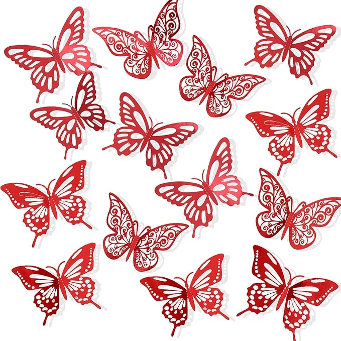 72Pcs 3D Butterfly Wall Decor 3 Sizes 3 Styles, Butterfly Decorations Party Birthday Cake Decoration, Removable Butterfly Wall Stickers for Kids Nursery Wedding Bedroom Room Decor(Red)