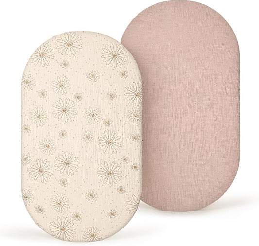 Muslin Bassinet Sheets Baby: Cotton Bassinet Sheets Fitted for Boys and Girls - Bassinet Sheets for Oval Rectangle or Hourglass Mattress(Sand Daisy)