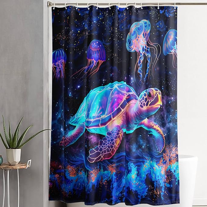 AILONEN Colorful Sea Turtle Shower Curtain for Bathroom,Beautiful Turtle with Jellyfish Bath Curtain for Kids,Boys,Girls,Ocean Animal Waterproof Fabric Shower Curtain Set with Hooks,60" W*72" H
