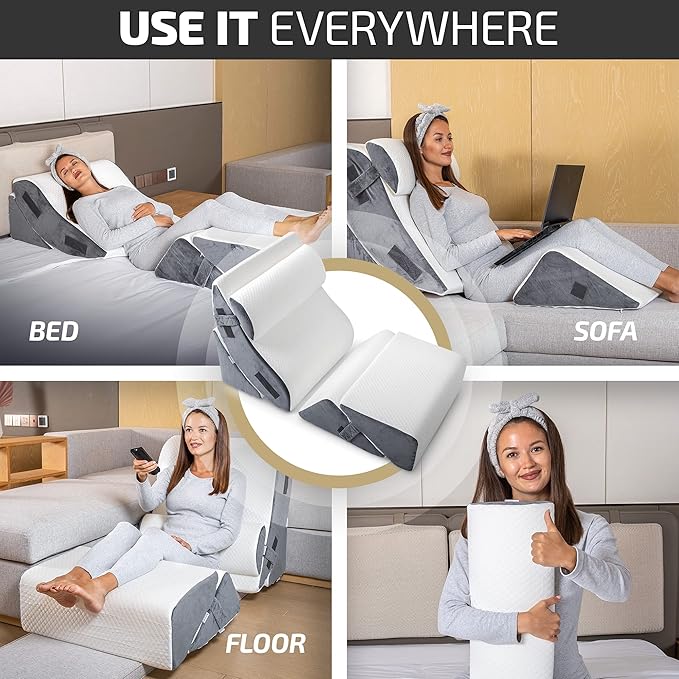 5pcs Orthopedic Bed Wedge Pillow Set w/Leg Elevation Pillow - Perfect Adjustable Memory Foam Pillows for After Surgery Recovery, Back Support, Pain Relief, Acid Reflux, Sleeping & GERD