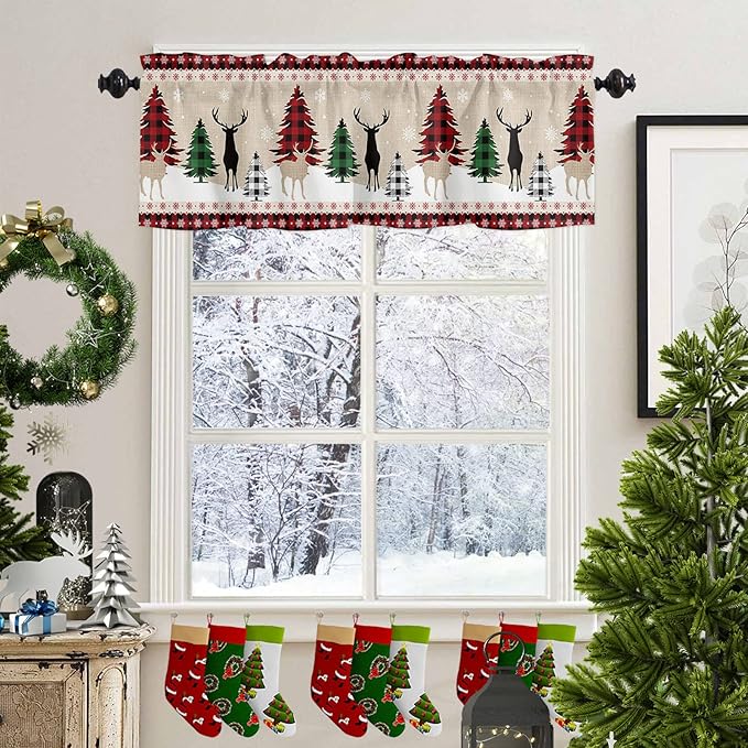 Farmhouse Christmas Valance Kitchen Curtains for Windows, Rustic Plaid Christmas Tree Snowflakes Rod Pocket Window Treatments Red Green Black Short Curtains For Bedroom/ Living Room,54" X 18" -1 Panel