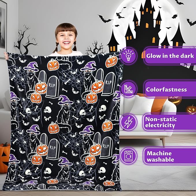 Halloween Throw Blankets Glow in The Dark Blanket Black Cat and Pumpkin Blanket for Women 50"x60"