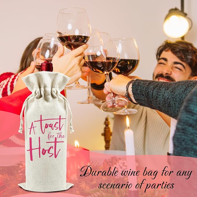A Toast For The Host - Gifts for Hostess Wine Bags, 1 PC Reusable Drawstring Burlap Wine Bottle Bags, Appreciation Gifts for Women Ladies, Wine Gift Bag Wine Accessories -29
