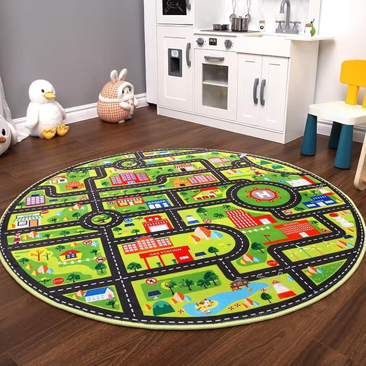 Kids Rug 4ft Round Rug Baby Play Mat City Life Playmats Roads Traffic Soft Learning Circle Rug Play with Cars and Toys Toddlers Fun Learning Play Carpet for Bedroom Nursery Playroom Classroom