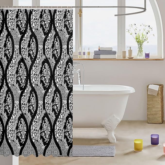 Feelyou Damask Pattern Shower Curtain 72"x72" Kids White Vintage Floral Bathroom Shower Curtain Set for Boys Girls Teens Black Geometric Stripe Bath Curtain Baroque Style Bathroom Accessories