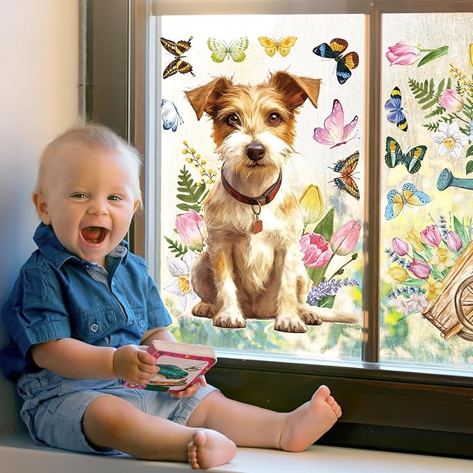 HOWAF Spring is in The Air Tulip Flowers Window Clings Stickers,9 Sheets Hello Spring Floral Butterfly Truck Cart Wall Glass Stickers Decal Decorations, Spring Cat Dog Theme Window Decals
