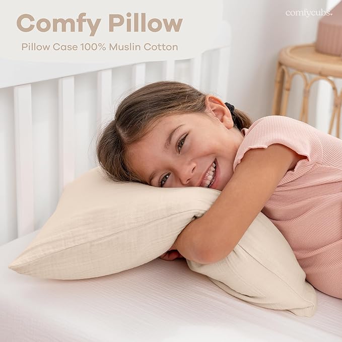 Comfy Cubs Toddler Pillow with Soft Muslin Pillowcase, 13"x18", Cream - Kids Pillow for Sleeping & Travel - Adorable & Comfortable Small Pillow - Kids Travel Pillow with Breathable Microfiber Fill
