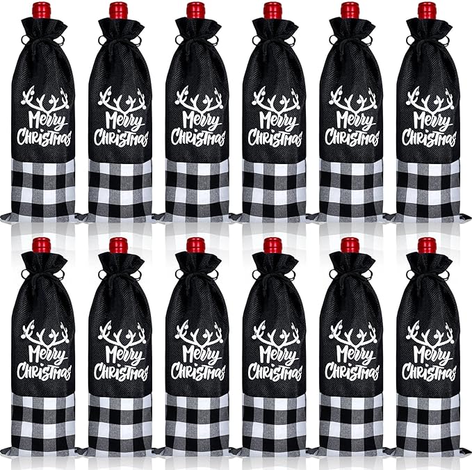 Patelai 12 Pieces Christmas Wine Bottle Bags Wine Bottle Sweater Dress Christmas Wine Sleeve Burlap Santa Bottle Covers Plaid Drawstring Bottle Bags for Xmas Dining Table (Black White)