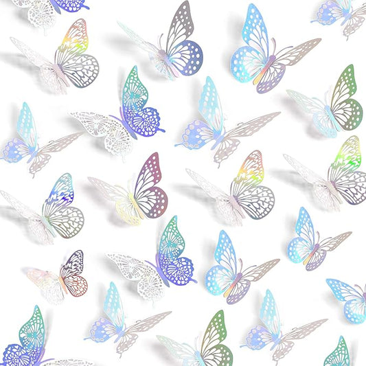 SAOROPEB 3D Butterfly Wall Decor 48 Pcs 4 Styles 3 Sizes, Butterfly Birthday Decorations Butterfly Party Decorations Cake Decorations, Removable Stickers (Laser)