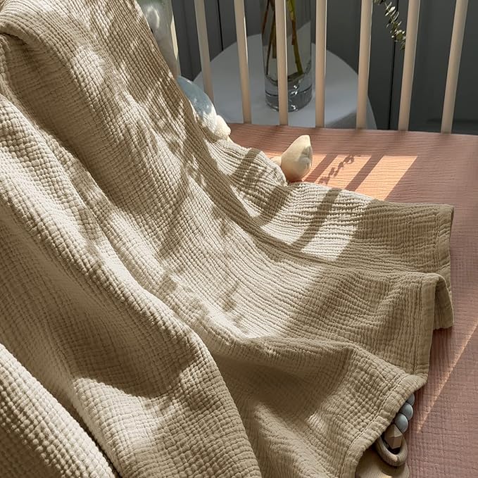 Lulu moon Muslin Quilt Blanket, Crib Blanket for Baby and Toddler,47x47 Inches(Khaki)