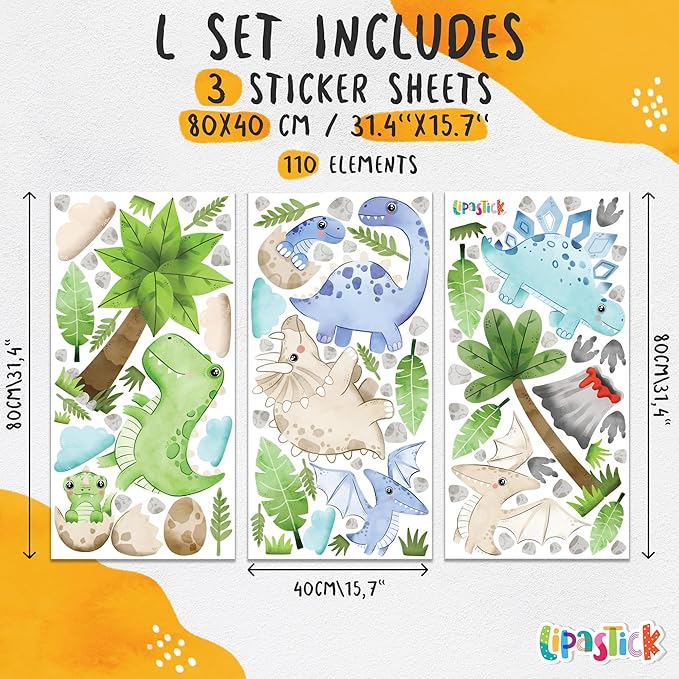 Large Dinosaur Wall Decals by Lipastick - 110 pcs Watercolour Dinosaur Kids Wall Stickers - Dinosaur Footprints Silhouettes Decals for Walls – Peel and Stick Decal for Kids Bedroom Nursery L Size