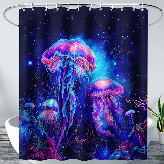 AILONEN Jellyfish Shower Curtain,Cartoon Magic Jellyfish Waterproof Fabric Shower Curtain Set for Bathroom,Boho Style Starry Night Coral Bath Curtain with Hooks for Kids Girls, 36" W*72" H
