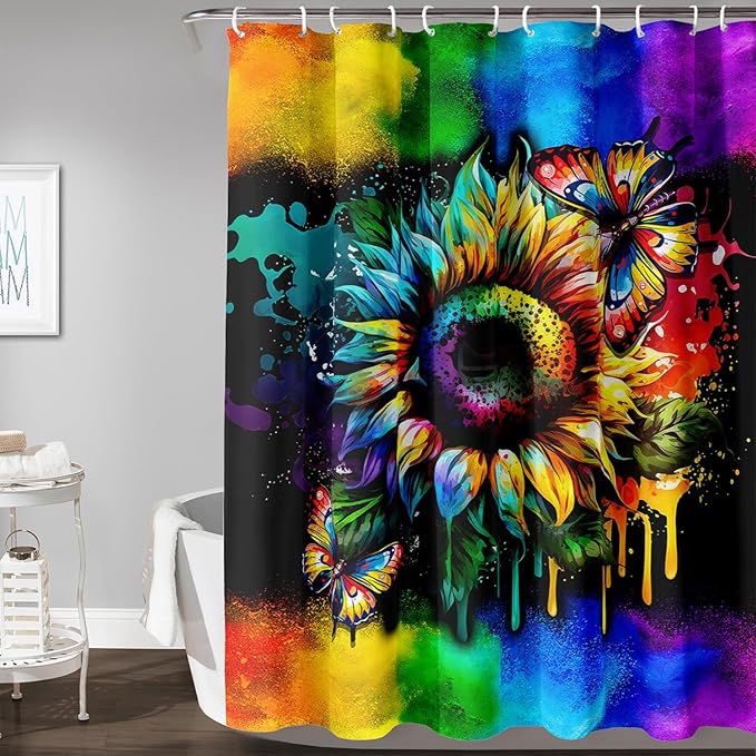 AILONEN Sunflower Shower Curtain, Watercolor Flower Rainbow Decoration,Polyester Fabric,Waterproof with 12 Plastic Hooks Shower Curtains Washable, 72" W x 96" H