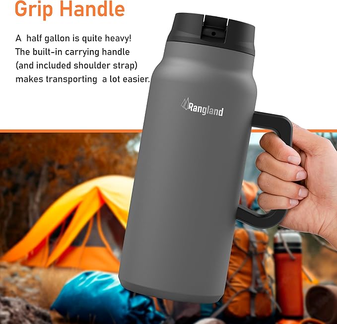 64 oz Tumbler with Handle and Straw Lid - Insulated Metal Water Bottle with Carrier Bag Holder and Shoulder Strap (Wide Mouth/Half Gallon)