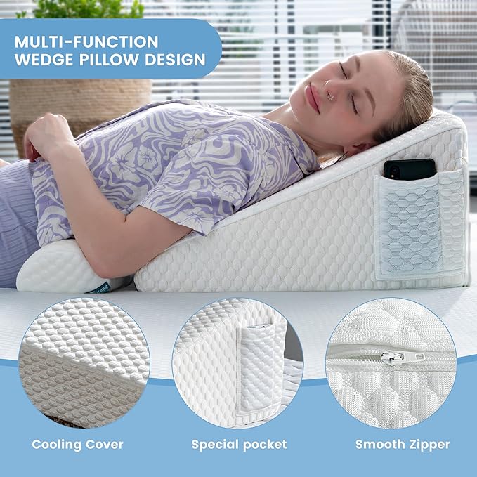 Bed Wedge Pillow for Sleeping - 2 Pcs Cooling 10" Height Pillow Set for Post Surgery Adjustable Triangle Pillow Wedge for Legs, Back Pain, Snoring, Alleviate Acid Reflux, White