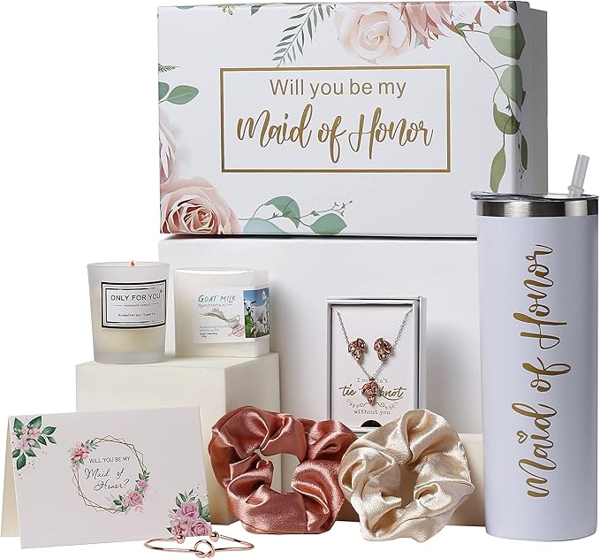Maid Of Honor Proposal Gifts Set-Will You be My Maid Of Honor Gift Box, Wedding Engagement Gifts,Bachelorette Party Bridal Showers gifts,Maid Of Honor Jewelry sets, Spa Gifts (White)