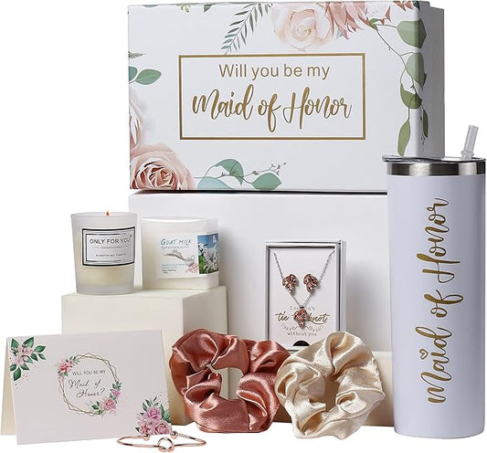 Maid Of Honor Proposal Gifts Set-Will You be My Maid Of Honor Gift Box, Wedding Engagement Gifts,Bachelorette Party Bridal Showers gifts,Maid Of Honor Jewelry sets, Spa Gifts (White)