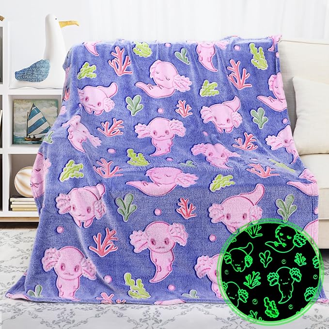 Glow in The Dark Blanket Axolotl Gifts Toys for Girls Cute Axolotl Blanket for Birthday Gifts