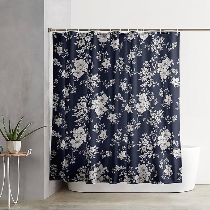 AILONEN Luxuriant Flowers Shower Curtain,White Flower on Black Background Waterproof Shower Curtain Set for Girls Boys Teens, 72" W*72" H Patchwork Flower Shower Curtain