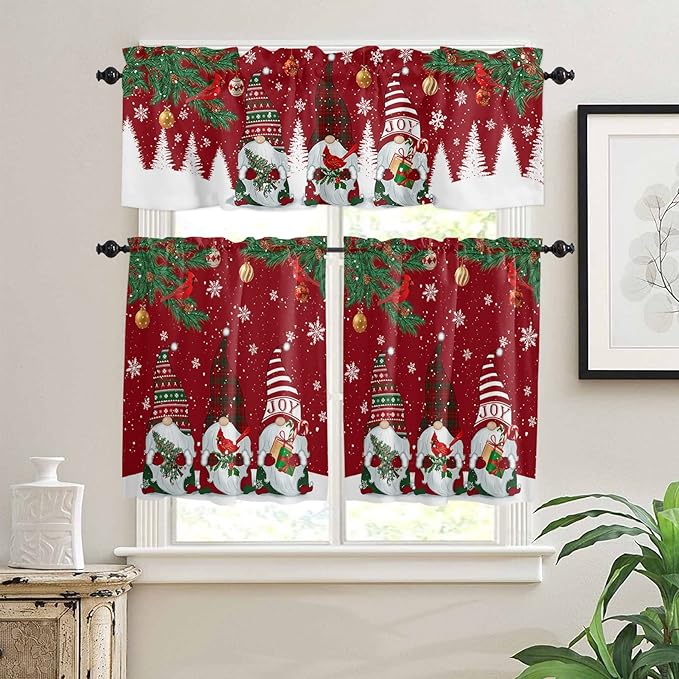 Christmas Gnomes Kitchen Curtains and Valances Set, Red Winter Holidays Window Treatments Tiers White Snowflakes Xmas Trees Half/Short Curtains for Small Windows Cafe /Living Room/ Bedroom 54x24 in