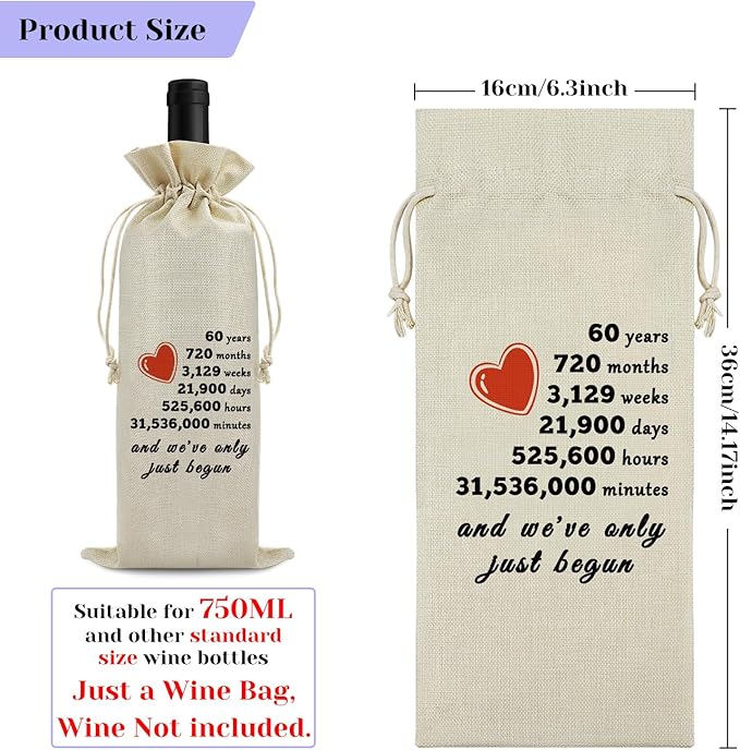 Sfodiary 60th Anniversary Wine Bag Wedding Gift for Wife Husband 60th Year Marriage Gift for Women Men Burlap Wine Wrap Bag Valentine Christmas Thanksgiving Gifts for Couples Wine Gift Bag