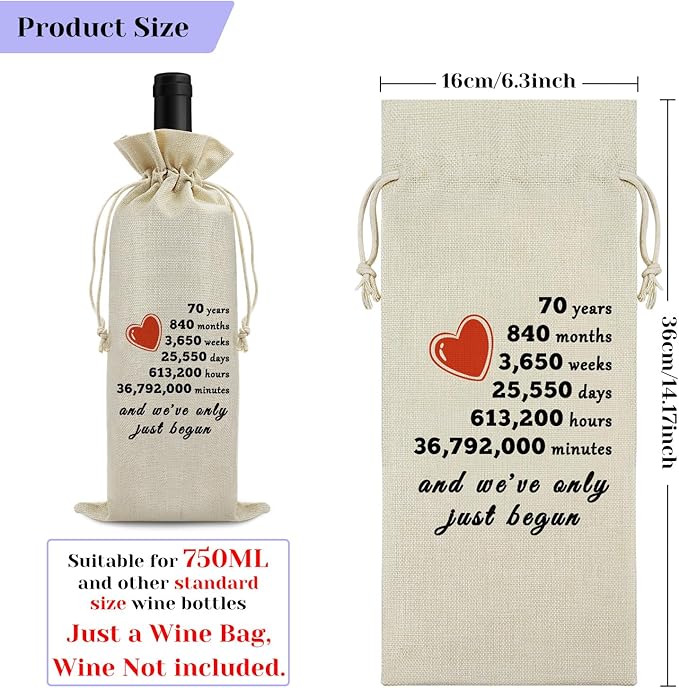 Sfodiary 70th Anniversary Wedding Gift for Wife Husband Wine Bag 70th Year Marriage Gift for Women Men Burlap Wine Wrap Bag Valentine Christmas Thanksgiving Gifts for Couples Wine Gift Bag