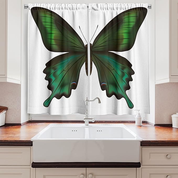 Ambesonne Swallowtail Butterfly Kitchen Curtains, Realistic Exotic Wildlife Creature in Green Tones, Window Drapes 2 Panel Set for Kitchen Cafe Decor, 55" x 39", Olive Green