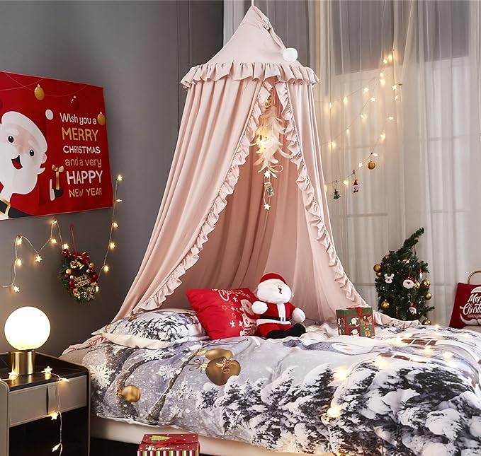 VETHIN Bed Canopy for Girls Kids,Princess Round Dome Children Dreamy Mosquito Net Bedding Girls Room Castle Play Tent Hanging House Decor Reading Nook Canopies (Beige Pink)