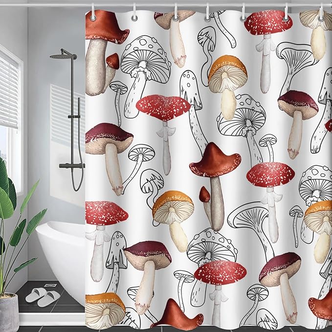 AILONEN Cartoon Mushroom Shower Curtain,Modern Shabby Chic Plants Fungus Themed Waterproof Bath Curtain,Minimalist Curtain for Bathroom Decor, 72" W x 84" H
