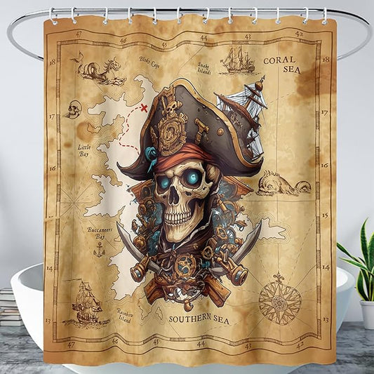 AILONEN Pirate Skull Shower Curtain for Bathroom,Vintage Ocean Nautical Bath Curtain Decoration,Pirate Captain Old Map Print Waterproof Shower Curtain with 12 Plastic Hooks, 72" W*96" H