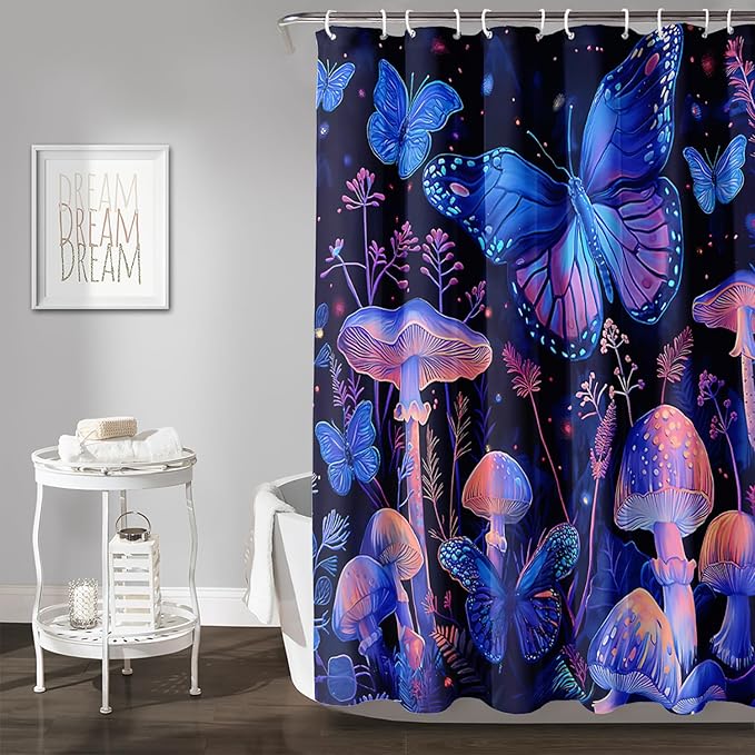AILONEN Blue Butterfly Shower Curtain,Magic Mushroom Waterproof Fabric Bath Curtain for Kids Girl,Boho Style Shower Curtain Set for Bathroom,Natural Fungal Plant Shower Curtain with Hooks 72" W*84" H