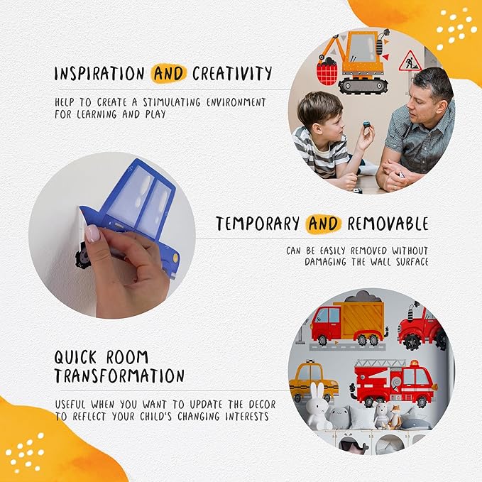 Large Car Wall Decals for Kids by Lipastick - 132 pcs Transports Wall Stickers Peel and Stick Truck Stickers - Wall Decals for Boys Kids Baby Room - Construction Cars City Wall Decor Removable L Size