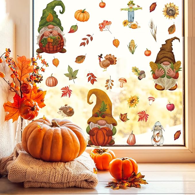 Fall Window Clings Autumn Window Stickers 9 Sheet Window Wall Decals for Home Fall Thanksgiving Decorations Cute Gnome Maple Leaves Pumpkin Stickers